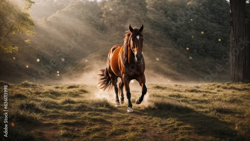 A majestic horse galloping through a beautiful field with enchanting trees in the background