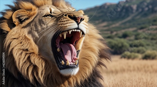 A roaring lion with its mouth wide open photo