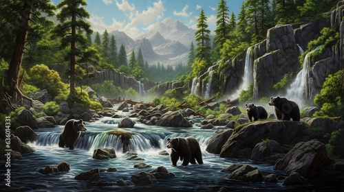  a painting of a waterfall with bears in the foreground. generative ai