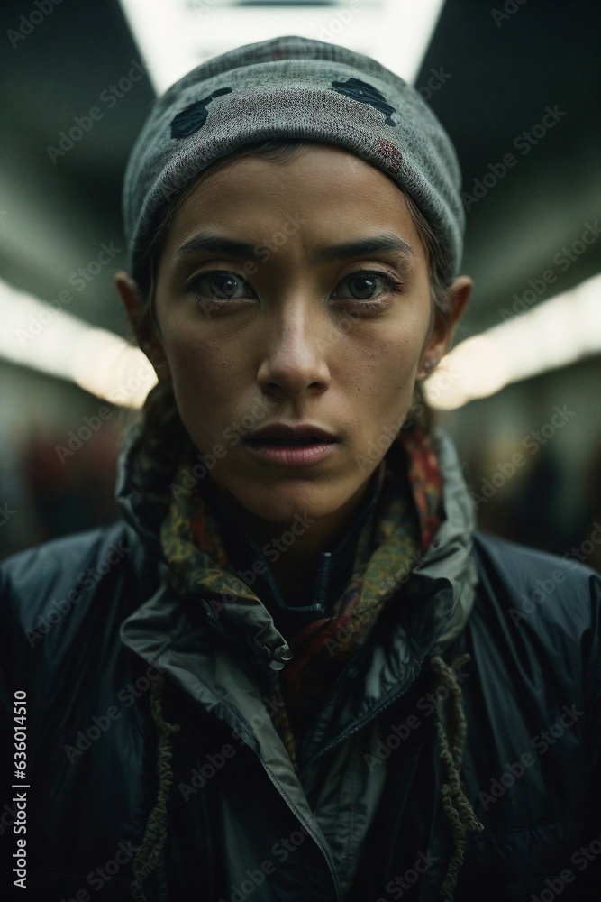 A stylish woman in a hat and scarf standing in a bustling subway station A stylish woman in a hat and scarf standing in a bustling subway station