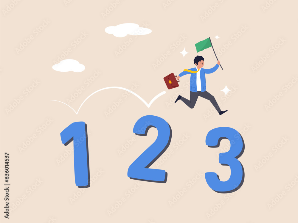 Business manual concept. Step by step guide to success, instruction or guideline, process or improvement ladder, follow advice or lesson, smart businessman jumping on guideline number from 1 to 3. Business manual concept. Step by step guide to success, instruction or guideline, process or improvement ladder, follow advice or lesson, smart businessman jumping on guideline number from 1 to 3.