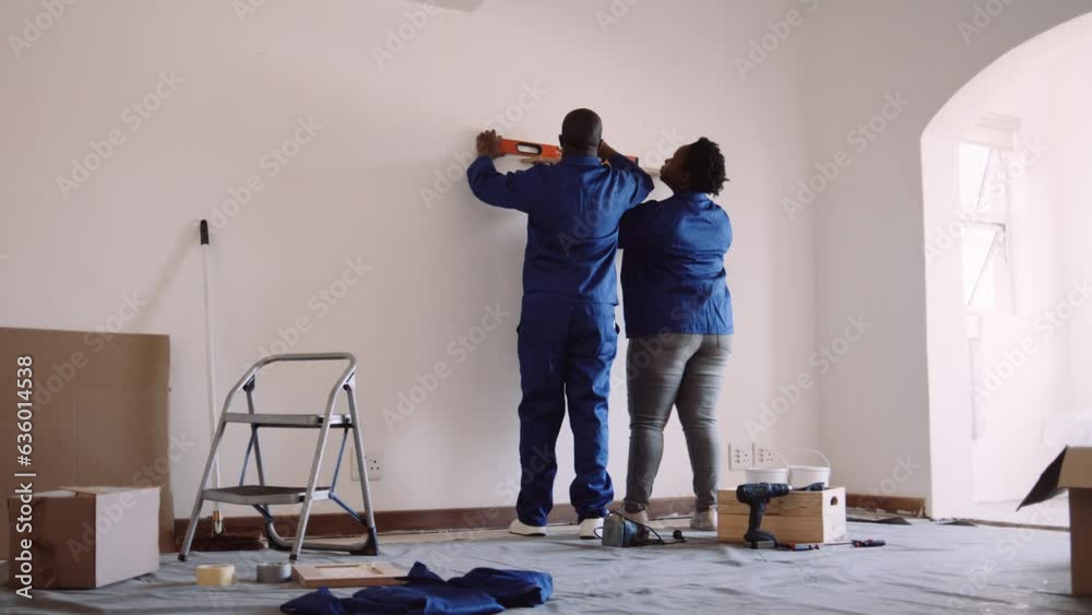 Black couple measuring and levelling shelf in DIY renovation Black couple measuring and levelling shelf in DIY renovation