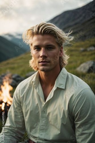 A man with blonde hair sitting in front of a cozy fireplace