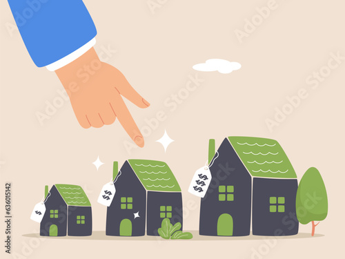 Picking new home base on budget concept. Income or lifestyle. House or mortgage affordability calculation, businessman hand wisely think to picking different variant houses with price tag.