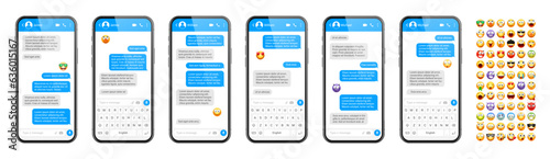 Smartphone messaging app, user interface design with emoji. SMS text frame. Chat screen with blue message bubbles. Texting app for communication. Social media application. Vector illustration