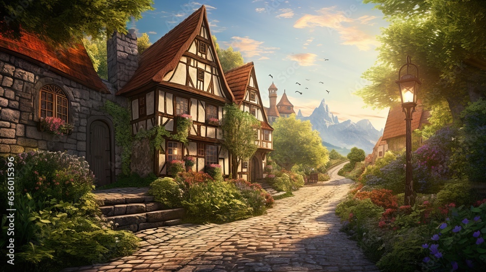 a painting of a cobblestone road leading to a house. generative ai a painting of a cobblestone road leading to a house. generative ai