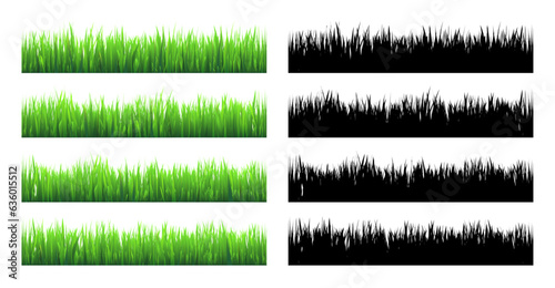 Meadow silhouettes with grass, plants on plain. Green and black panoramic summer lawn landscape with herbs, various weeds. Herbal border, frame element. Horizontal banners. Vector illustration