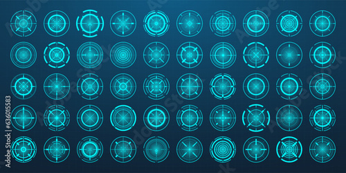 Crosshair, gun sight vector icons. Bullseye, black target or aim symbol. Military rifle scope, shooting mark sign. Targeting, aiming for a shot. Archery, hunting and sports shooting. Game UI element.
