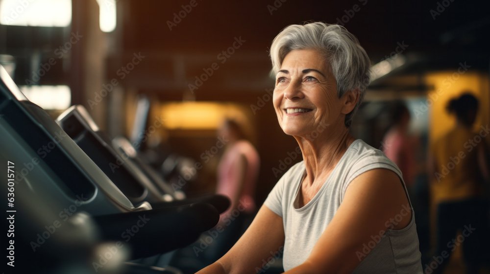 Sporty mature woman on treadmill in gym at fitness club.