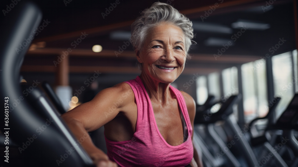 Fototapeta premium Sporty mature woman on treadmill in gym at fitness club.