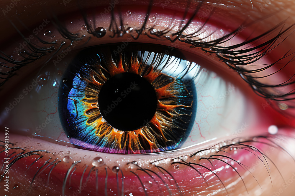 Close-up image of an eye with rainbow colors, representing diversity, vision, and individuality. Generative Ai.