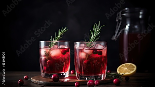 Cold season drink cranberry and rosemary cocktail with ice on dark background