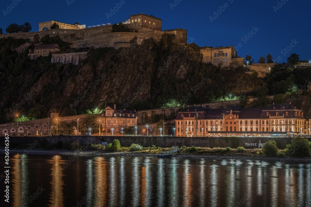 Scenic view of Ehrenbreitstein Fortress at night. Koblenz, Germany.