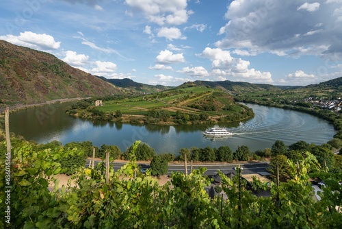 Vessel is sailing down Moselle Loop. Bremm, Germany.