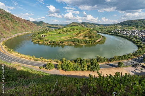Scenic view of Moselle Loop on a sunny summer day. Bremm  Germany.