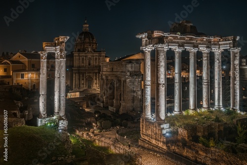 Fényképezés Aerial shot of the Roman Forum, at night in Rome, Italy.