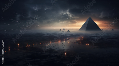Futuristic abstract night neon background based on Pyramids of Egypt at Giza. Light pyramid in the center. Night view of the pyramid.