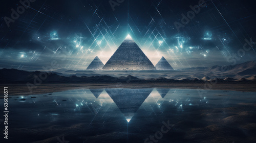 Futuristic abstract night neon background based on Pyramids of Egypt at Giza. Light pyramid in the center. Night view of the pyramid. photo