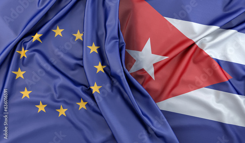 Ruffled Flags of European Union and Cuba. 3D Rendering