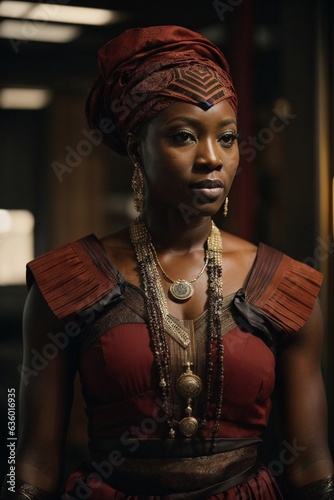 A woman in a stunning red dress adorned with elegant gold jewelry
