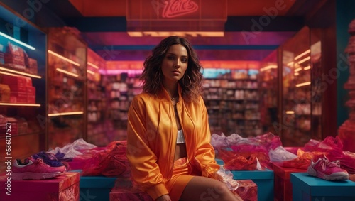 A woman sitting on a bench in a store