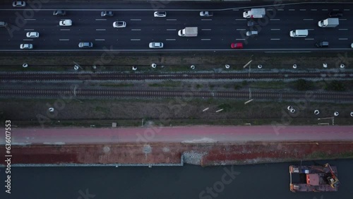 Drone footage over the Avenida Marginal Tiete Highway and the railroad tracks in Sao Paulo, Brazil