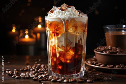 Showcases a splash of iced coffee with milk in a tall glass on a dark wood background. Represents the refreshing concept of a summer drink. Generative Ai.