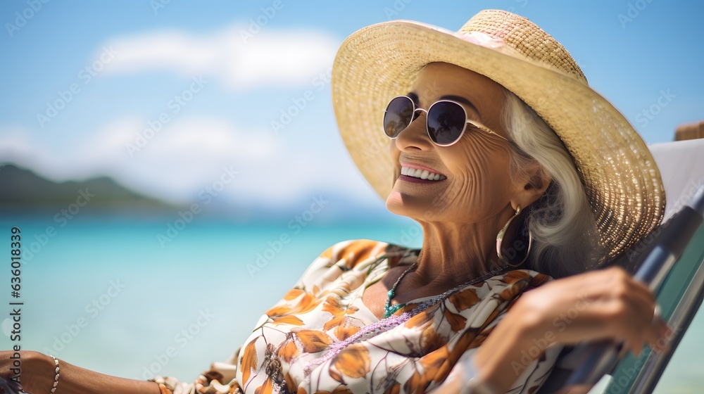 Fototapeta premium Tranquil Retreat: Elderly Woman Enjoys the Beauty of Her Retirement Vacation