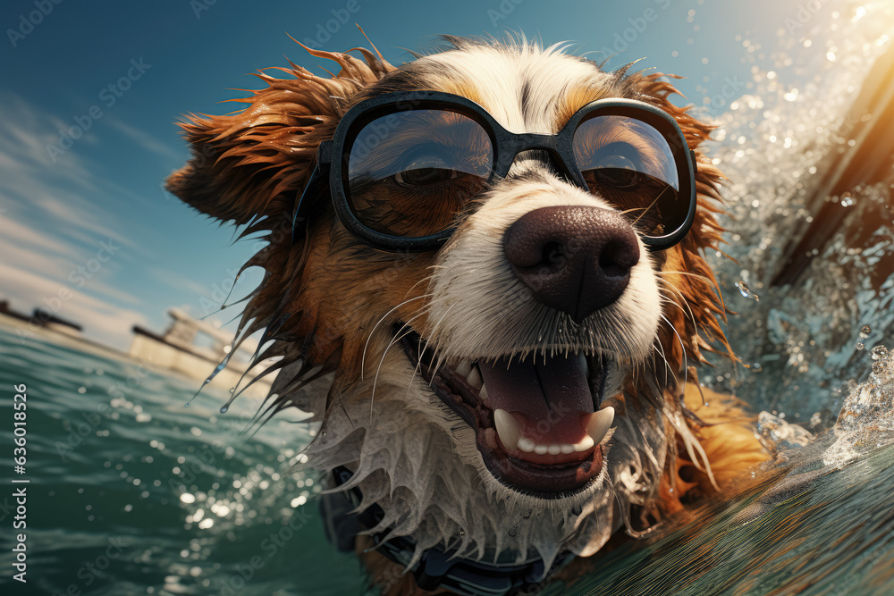 Depicting a funny dog surfing, capturing a playful and light-hearted concept. Generative Ai.