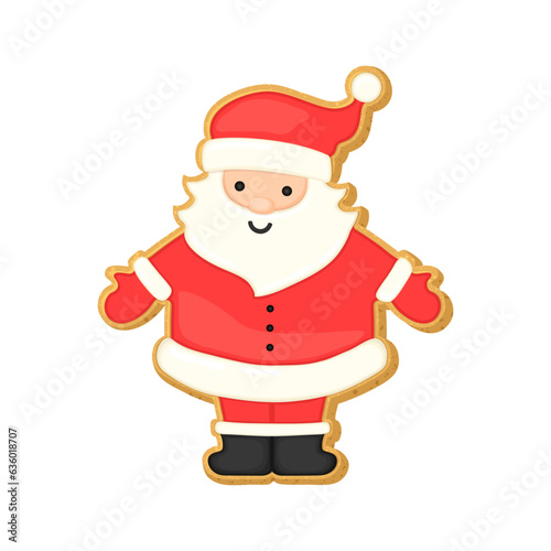 Christmas sugar cookie Santa Claus gingerbread man. Xmas vector illustration with cute Santa Claus cookie shape decorated with colorful icing. Red and white colors. Holiday sugar cookie bisquit.