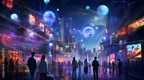 Integration of AI and human interaction, set in a bustling cityscape. Vibrant neon lights illuminate the streets, showcasing a diverse array of people engaged in dynamic conversations and .