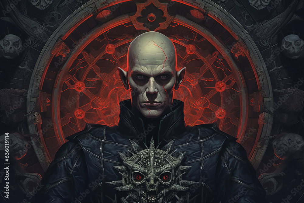 Portrait of a fantasy villain, bald scary man sitting with occult round symbol behind him - obrazy, fototapety, plakaty 