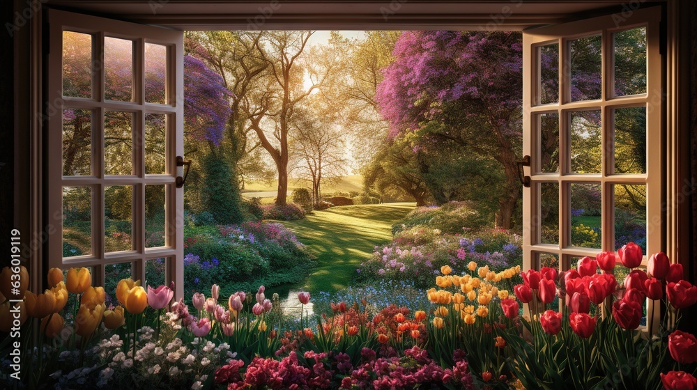  a painting of a garden outside of a window with a view.  generative ai
