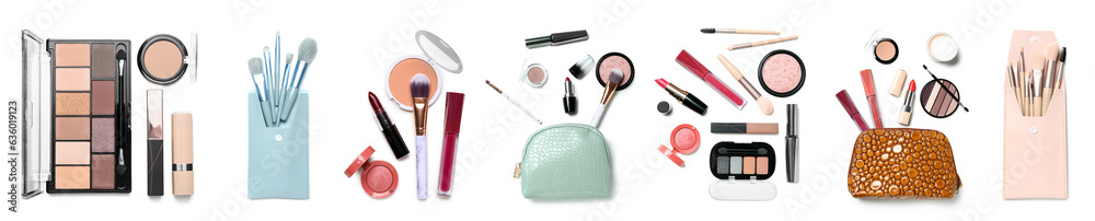 Obraz Collage of decorative cosmetics and makeup accessories on white background