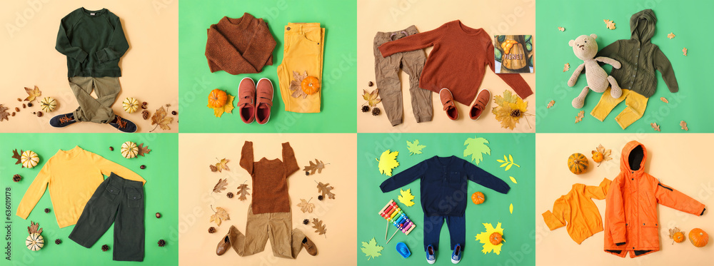 Group of stylish baby clothes and accessories on color background, top view