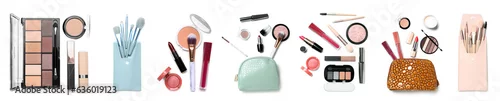 Obraz Collage of decorative cosmetics and makeup accessories on white background