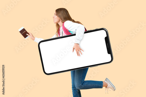 Running female tourist with...