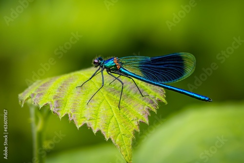 Vibrant blue dragonfly perched atop a lush green leaf