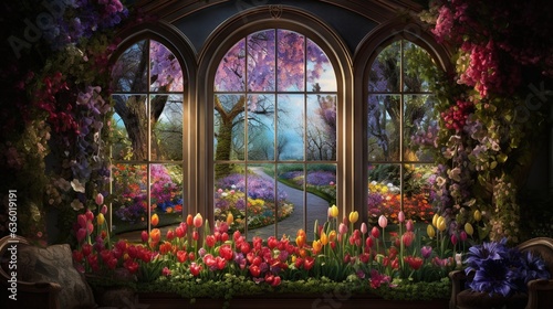  a painting of a garden with flowers and a large window. generative ai