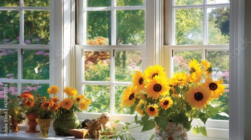  sunflowers and other flowers in vases on a window sill.  generative ai
