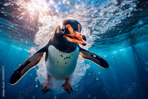 Penguin swimming underwater.