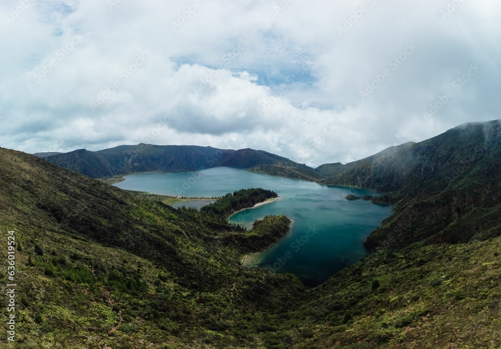 Scenic view of the mountain lake Azores from the top of a mountain