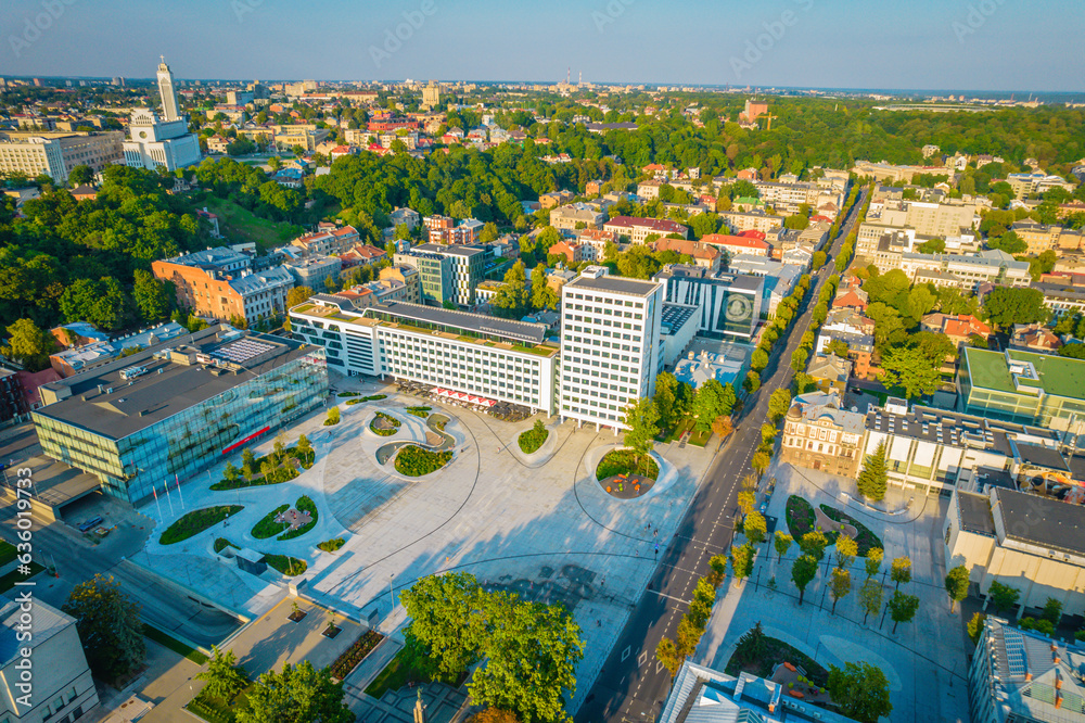 Obraz premium Kaunas city center, Unity square, one of the newest and most modern squares in Europe. Aerial drone view