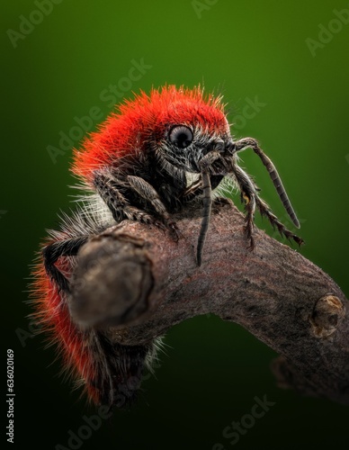 Vertical macro shot of a red velvet ant on a wooden branch photo