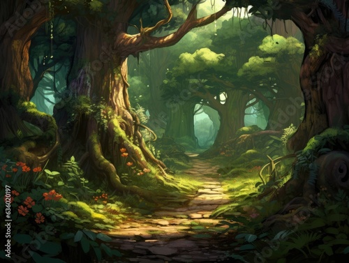 Painting of a forest path with tall trees and colorful flowers.