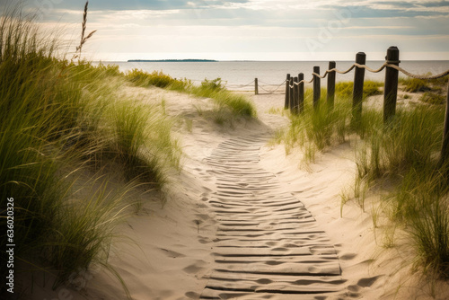 A meandering sandy timber trail leading to the beach amidst the grassy dunes in Fototapet