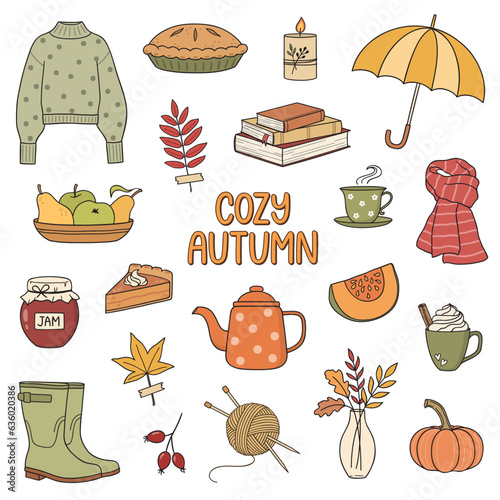Set of hand drawn autumn theme illustrations. Cozy autumn lettering