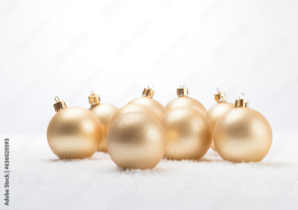 A row of golden Christmas baubles arranged neatly on a white surface with a light dusting of snow or glitter. The background is a plain white gradient, providing a clean and festive background A row of golden Christmas baubles arranged neatly on a white surface with a light dusting of snow or glitter. The background is a plain white gradient, providing a clean and festive background