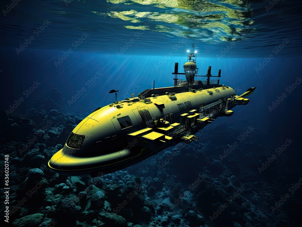 Submarine in the open ocean, sun shining. Submarine in the open ocean, sun shining.