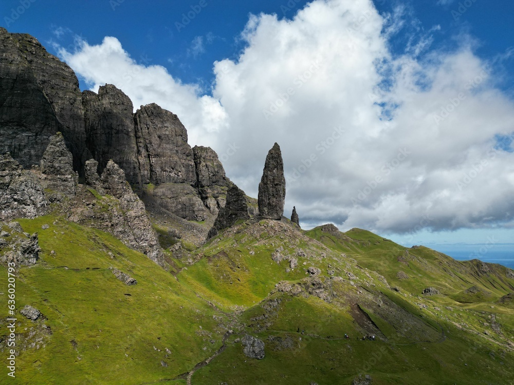 Aerial view of a rocky mountain landscape with the Old Man of Storr, on the Isle of Skye in Scotland